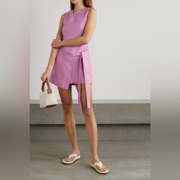 NWT BONDI BORN Martinique Wrap-effect Organic Linen Mini Dress - Pink size large - Picture 2 of 16